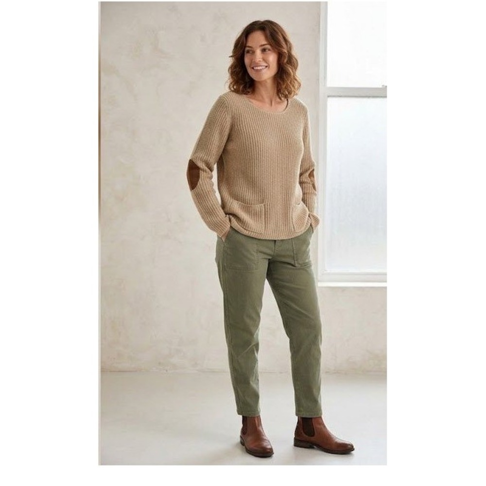 Debbie Morgan Sweater Womens Small Tan Ribbed Knit Elbow Patches Pockets